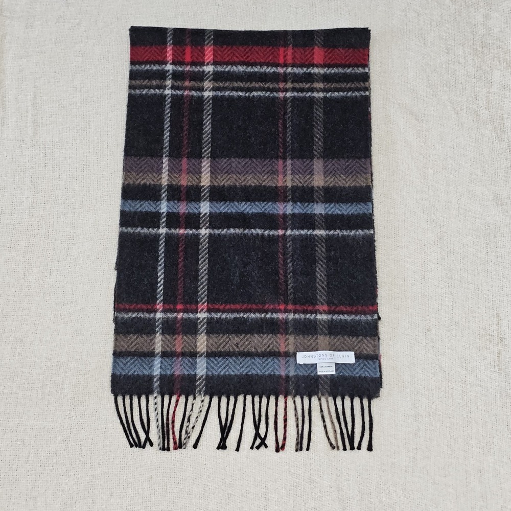 Johnstons of Elgin 100% Cashmere Tartan Scarf Made in Scotland Red Blue Plaid